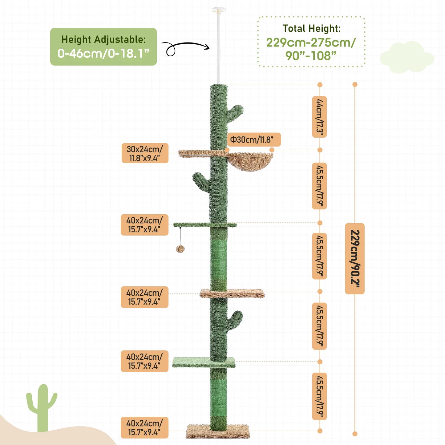 Cactus Cat Tree Tower 5-Tier Floor-to-Ceiling Climber