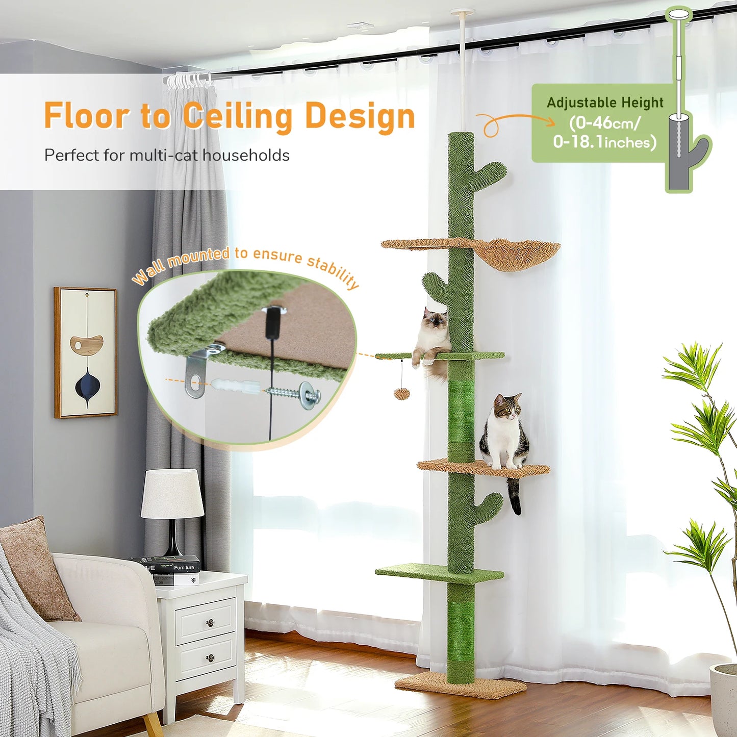 Cactus Cat Tree Tower 5-Tier Floor-to-Ceiling Climber